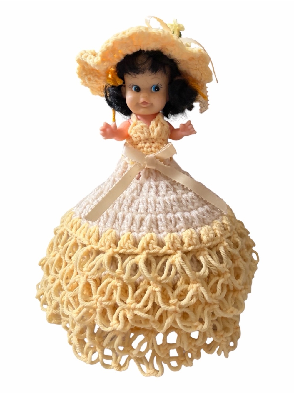 Vintage Yellow & Cream Crochet Doll Dress with Matching Hat, toilet paper cover